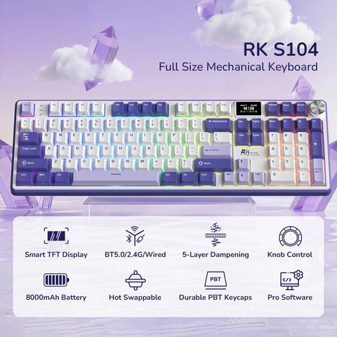 Premium Compact Wireless Mechanical Keyboard Equipped With Bright TFT Screen And Responsive Metal Dial For Quick Media Tweaks Seamless Mac PC Pairing Snappy Clicky Switches And Insane Battery Life That Totally Slaps, full-size layout with colorful backlit keys.
