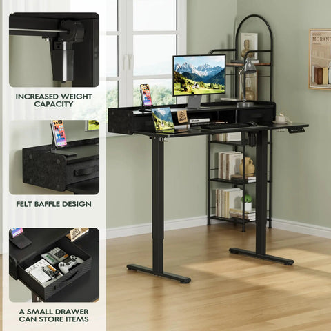 Electric Standing Desk With Two Drawers And Monitor Shelf Adjustable Height Sit Stand Desk With Splice Board Quick Install For Home Office Black 48 Inch Easy Setup Game Changing Organization For Your Workspace shown with storage and accessories.