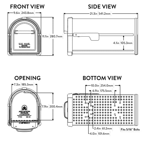 Dimensions diagram of Hillsborough Heavy Duty Post Mounted Mailbox In Black With Magnetic Latch Weatherproof Galvanized Steel Curbside Mailbox