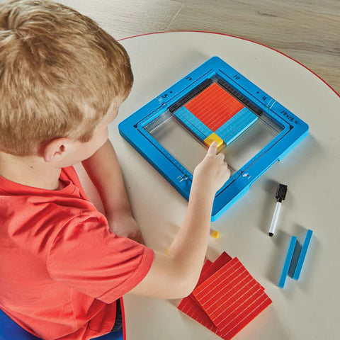 Child using Area Model Tray With Base Ten Blocks For Multiplication Manipulatives Hands On Math Learning In Third Grade Classrooms