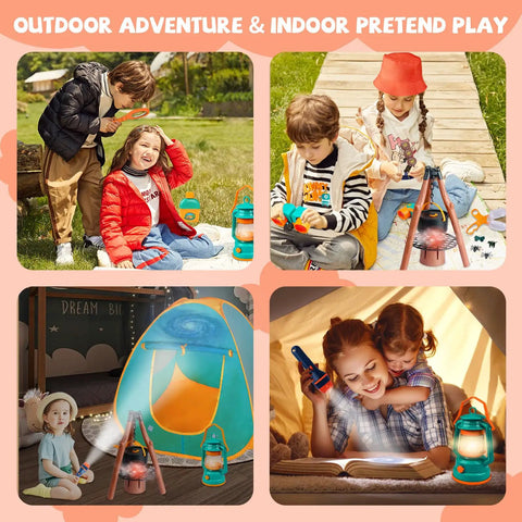 Kids camping set 50 piece with tent space projector flashlight toy gear, children playing outdoors and indoors