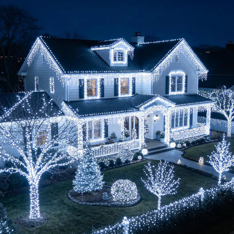 House decorated with Extra Long 98.5Ft 300 LED String Lights Indoor Outdoor Plug In Waterproof Fairy Lights With 8 Modes