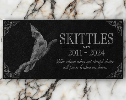 Granite Bird Portrait Memorial Stone Custom Engraved Marker For Parrots Canaries Finches Lovebirds, 12x6 inch plaque with bird engraving