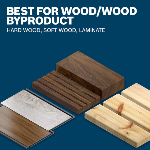 Wood samples including hard wood, soft wood, and laminate stacked to show use for 10-Piece Chisel-Point Spade Bit Set for Fast Wood Drilling.