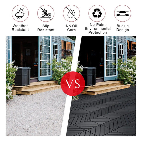 Comparison of gravel vs dark grey Interlocking 12x12 Outdoor Deck Tiles 9 Pack DIY Friendly Heavy Duty Plastic Patio Pavers