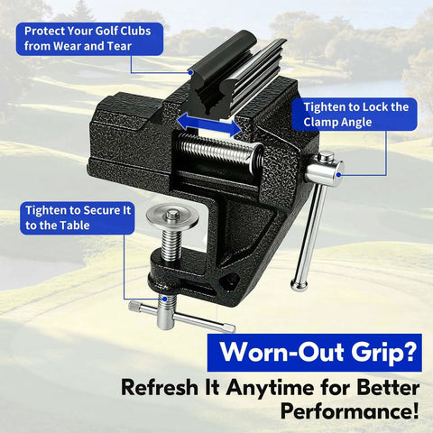 Image of a heavy-duty vise clamp from the All In One Golf Club Regripping Kit With Vise Clamp Rubber Shaft Clamp Hook Blade Grip Solvent And Repair Tools For DIY Club Repair Complete At Home Grip Replacement Tool Set For Quick And Easy Grip Swap.