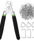 Hog Ring Pliers Kit With 110 Three Quarter Inch Galvanized Rings for fencing and auto upholstery, steel pliers, non-slip handles.