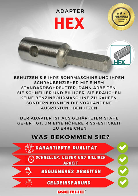 Earth Drill Adapter For Cordless Drills And Augers That Grips No Slip Hex And Keyless Chucks For Solid Post Hole Drilling On Hard Ground Compatible With Sizes 1.6 In 2.4 In 3.15 In 3.9 In And 4.7 In product image with features in German