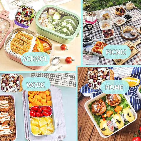 Lunch setups using Six Pack 6oz Stainless Steel Snack Containers For Kids With Leakproof Silicone Lids Easy Open Stackable Metal Toddler Lunch Boxes For Daycare School And Travel.