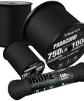 Tough As Nails Paracord Rope 750 Lb Test, 4mm 12 Strand Para Cord On Heavy Duty Spool, shown in 100ft, 200ft, 1000ft lengths.