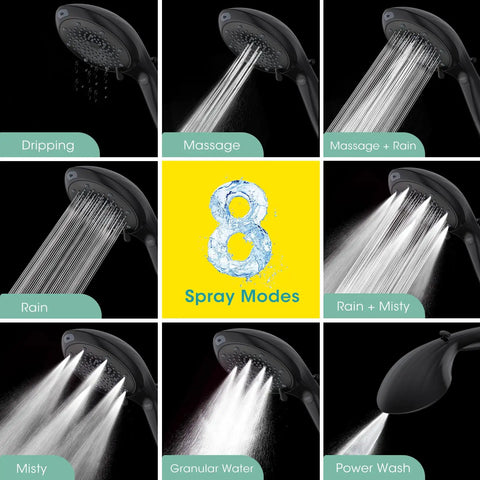 Filtered Handheld Shower Head With BuiltIn Filter, High Pressure 8Mode Showerhead, 80 Inch Hose, Adjustable Bracket, Black