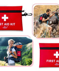 Red compact first aid kit pouch with zipper and carabiner; travel-size kit for hiking and camping