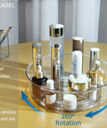 4 Pack Lazy Susan Turntable Organizer Rotating Spice Rack And Cabinet Storage holding cosmetics on wooden surface