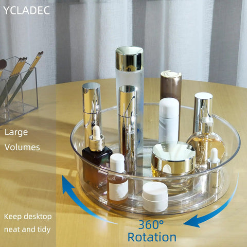 4 Pack Lazy Susan Turntable Organizer Rotating Spice Rack And Cabinet Storage holding cosmetics on wooden surface