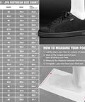 Footwear size chart and instructions with Kingpin 2K Skate Shoes With Padded Low Top Cupsole, Durable Reinforced Stitching, Street Ready Comfort For Daily Skating, White Black Colorway, Size 8.5