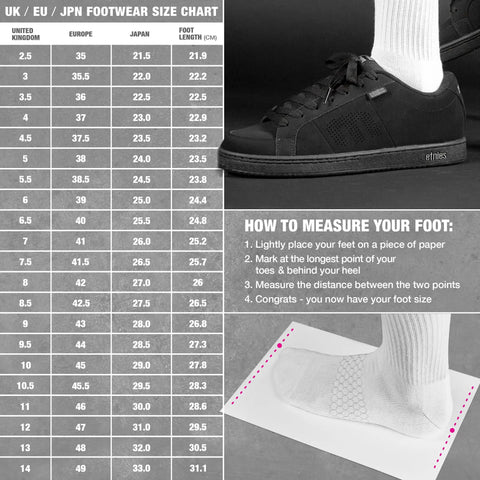 Footwear size chart and instructions with Kingpin 2K Skate Shoes With Padded Low Top Cupsole, Durable Reinforced Stitching, Street Ready Comfort For Daily Skating, White Black Colorway, Size 8.5