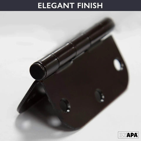 Close-up of oil rubbed bronze door hinges in 18 pack, 3.5 by 3.5 inch interior hinges with five eighth inch radius corners.