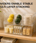 Clear Pantry Organizers And Storage Bins With Quick Adjust Dividers, Super Sturdy Fridge Containers For Kitchen Shelving with fruit and snacks
