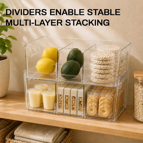Clear Pantry Organizers And Storage Bins With Quick Adjust Dividers, Super Sturdy Fridge Containers For Kitchen Shelving with fruit and snacks