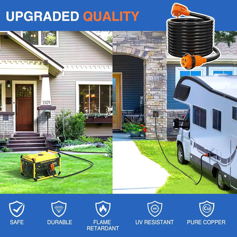 Beefy 30 Amp RV Locking Extension Cord 25 Ft 125V 10 Gauge Pure Copper in use with RV and outdoor generator