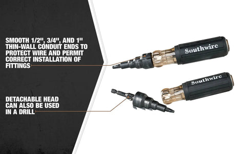 Dual Function Reaming Screwdriver For Inside And Outside Conduit With Cushioned Grip Removable Head Power Drill Compatible Pro Grade Heavy Duty Tool For Fast Smooth Installations showing detachable head.