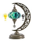 Turkish Stained Glass Moon Shape Table Lamp with Mosaic Lampshade, Moroccan Crescent Tiffany Style, emerald green, light on/off