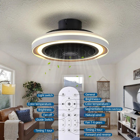 Bladeless Flush Mount Ceiling Fan With Lights And Remote in a living room setting, showing 19-inch size and light color options.