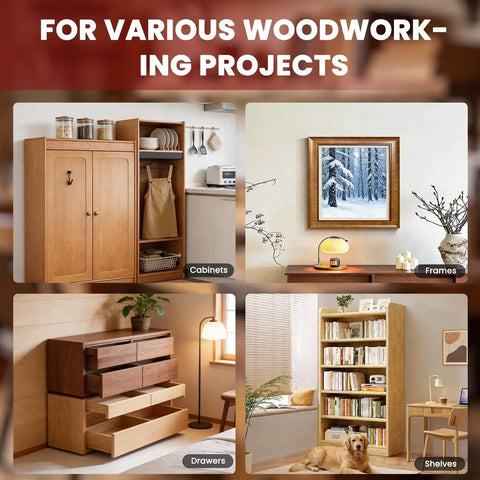 Detailed images of cabinets, frames, drawers, and shelves demonstrating use of Pro Grade Right Angle Woodworking Clamps 4 Pack 5.5 Inch Aluminum Alloy Spreader Squares With 6 Sided Scales For Cabinets Drawers Shelves And Frames 90 Degree Alignment For Precise Assemblies.