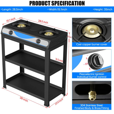 Two Burner Propane Gas Stove With Auto Ignition, Portable Stainless Steel Outdoor Kitchen Cooker; cast copper burners on steel frame