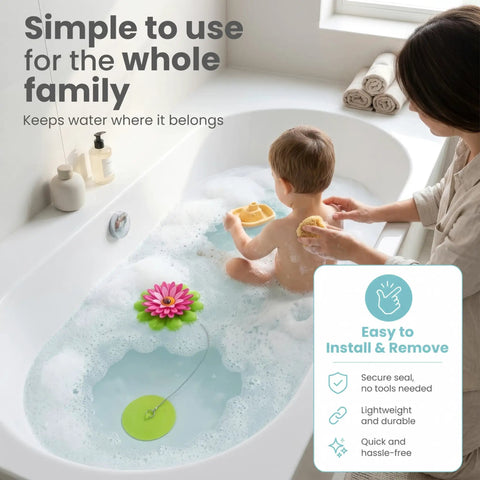 Flower Power Bathtub Drain Stopper With Chain Pink Green Universal 4 1 4 Inch Bath Plug in use in bubbly bathtub