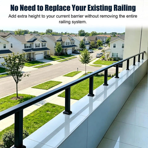 Height Increasing Balcony Railing Kit With Wall Extender For Low Walls Delivers Hella Secure Safety Barrier For Kids And Pets Featuring No Sweat Lightweight Assembly And Beastly Strength Durability on balcony overlooking neighborhood.