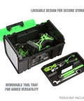 Green 15 Inch One Touch Tool Box With Tray Openable With One Hand And Padlock Security Slot Durable Tool Storage For Home Garage Or Job Site Holds Up To 30 Lbs showing open tray with tools
