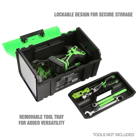 Green 15 Inch One Touch Tool Box With Tray Openable With One Hand And Padlock Security Slot Durable Tool Storage For Home Garage Or Job Site Holds Up To 30 Lbs showing open tray with tools