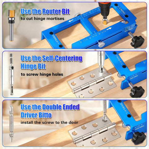 Aluminum Alloy Door Hinge Jig Adjustable Router Template Kit with file for 2.5 inch hinges radius square corner blue in use