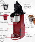 Red Single Serve Coffee Maker With 2 In 1 Brew Pod Or Ground Coffee Five Brew Sizes Up To 14 Oz No Fuss Quick Brew Fits Travel Mug With Adjustable Drip Tray Compact 1000W Coffee Brewer showing parts and features.
