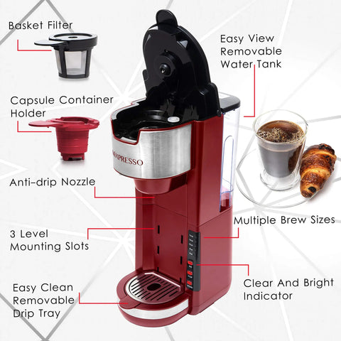 Red Single Serve Coffee Maker With 2 In 1 Brew Pod Or Ground Coffee Five Brew Sizes Up To 14 Oz No Fuss Quick Brew Fits Travel Mug With Adjustable Drip Tray Compact 1000W Coffee Brewer showing parts and features.