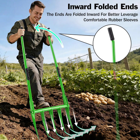 Person using Heavy Duty Broadfork Garden Tool With Five Sharp Cambered 11 Inch Tines 56 Inch Unibody Shaft in garden.