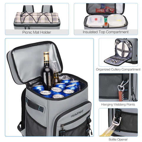 Large Waterproof Insulated Cooler Backpack for Men and Women, Leak Proof 30L Cooler Bag with open compartments and bottles