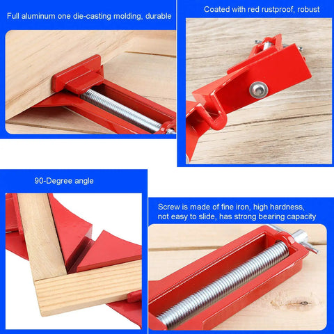 90 Degree Right Angle Clamps Set Of Four For Woodworking And Diy Projects Pro Grade Adjustable Corner Squares displaying red aluminum clamp on wood