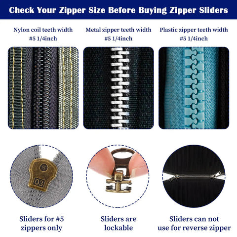 Comparison of nylon, metal, and plastic zipper teeth widths, with metal zipper for Metal Zipper Repair Kit Size 5 Replacement Zipper Pulls And Lockable Sliders