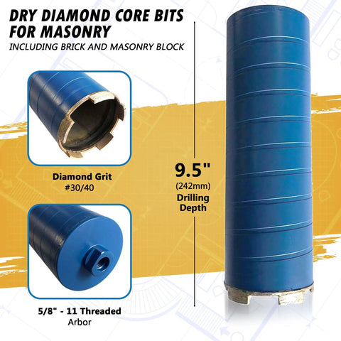 3 Inch Dry Diamond Core Drill Bit For Masonry Brick And Block, 9.5 Inch Drilling Depth, 5 8 11 Threaded Arbor, Heavy Duty Core Bit