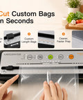 Straight Up Game Changing Compact Vacuum Sealer Machine With One Touch Automatic Sealing showing built-in cutter and bag guide.