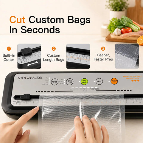 Straight Up Game Changing Compact Vacuum Sealer Machine With One Touch Automatic Sealing showing built-in cutter and bag guide.