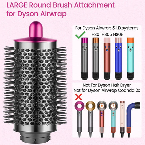 Upgraded Large Round Brush Attachment for Dyson Airwrap rose color with volumizing bristles, compatible models shown