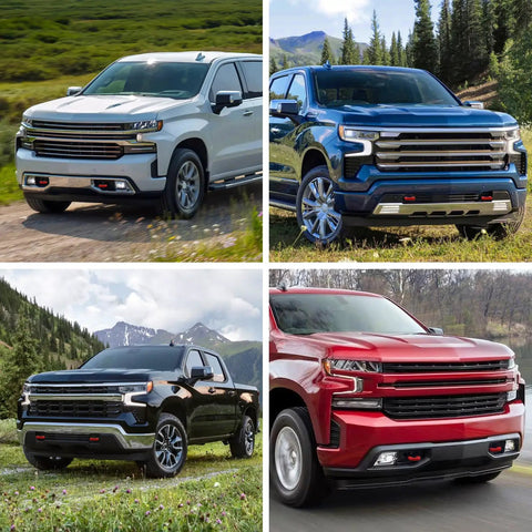 Extended Tow Hook Covers Front Kit For Silverado 1500 2007 To 2026 And GMC Sierra 1500 2007 To 2019 Red Front Tow Hook Covers For Chevy Silverado showing installed on different trucks