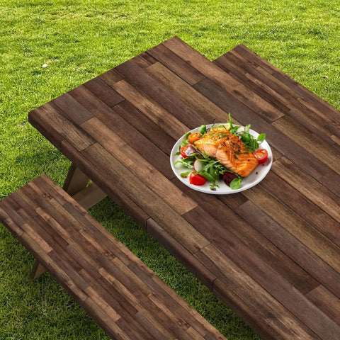 Waterproof Picnic Table Cover Set With Bench Covers Elastic Edges Brown Wood Fitted Tablecloths For Outdoor Patio Camping 72 Inch 3 Piece