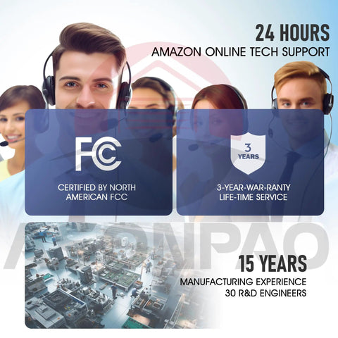 Customer support team with headsets, FCC certified logo, manufacturing experience, and warranty details displayed.