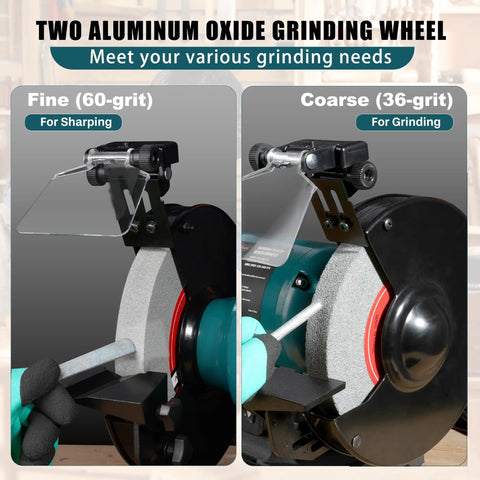 Built Tough 6 Inch Variable Speed Bench Grinder With Brushless Motor grinding wheels, fine 60-grit and coarse 36-grit for versatile sharpening.