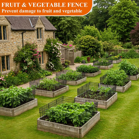 No Dig Garden Border Fencing Kit With 6 Black Metal Panels 12 By 16 Inches Decorative Fence Barrier installed around raised beds