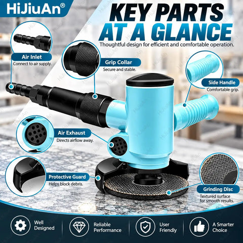 Heavy Duty Four Inch Pneumatic Angle Grinder Featuring Smooth Kickass Rotary Trigger And Clever Side Vent Exhaust For Zero Fuss Metal Grinding Polishing Air Powered Workshop Beast with labeled parts.